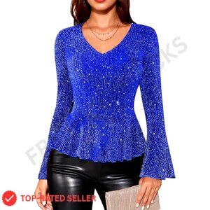 Sparkly Sequin Blouse Long Sleeve V-Neck Ruffle Hem Glitter Party Top
